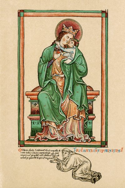 Virgin and Child with self portrait kneeling at their feet by Matthew Paris